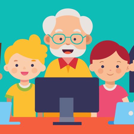 A group of children gather around their grandparent eager to show them how to navigate the world wide web and search for information on a